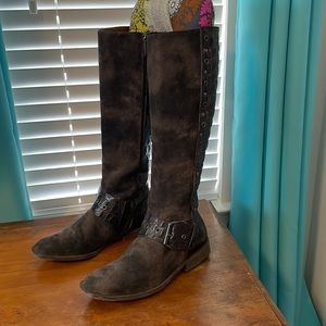 Brown distressed suede boots with faux alligator trim on calf+buckle side zipper